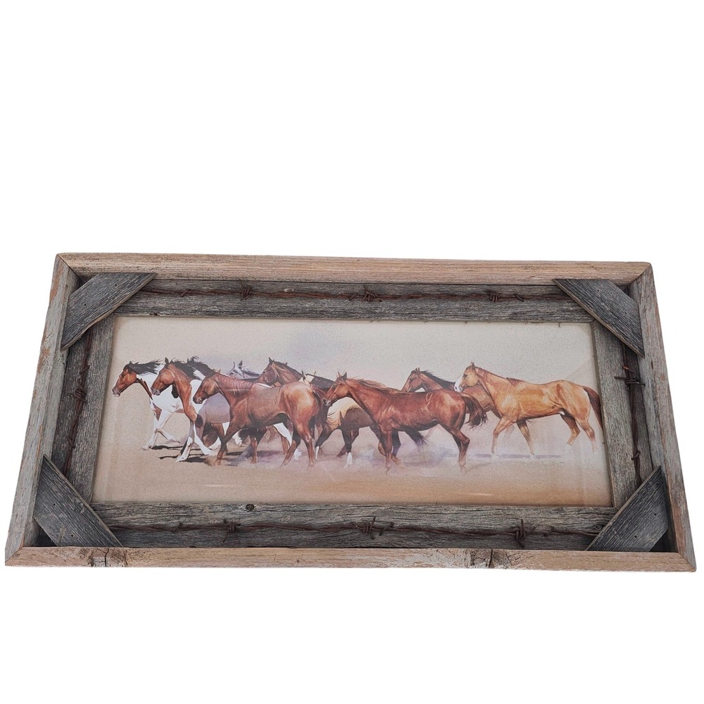Running Horses Print Custom Barn Wood Frame Barbed‎ Wire Western Wall Art 24x12